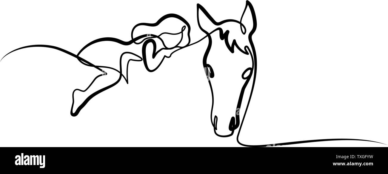 Dessin d'une ligne continue. Girl lying horse. Vector illustration noir et blanc. Concept de logo, bannière, carte, affiche, flyer Illustration de Vecteur