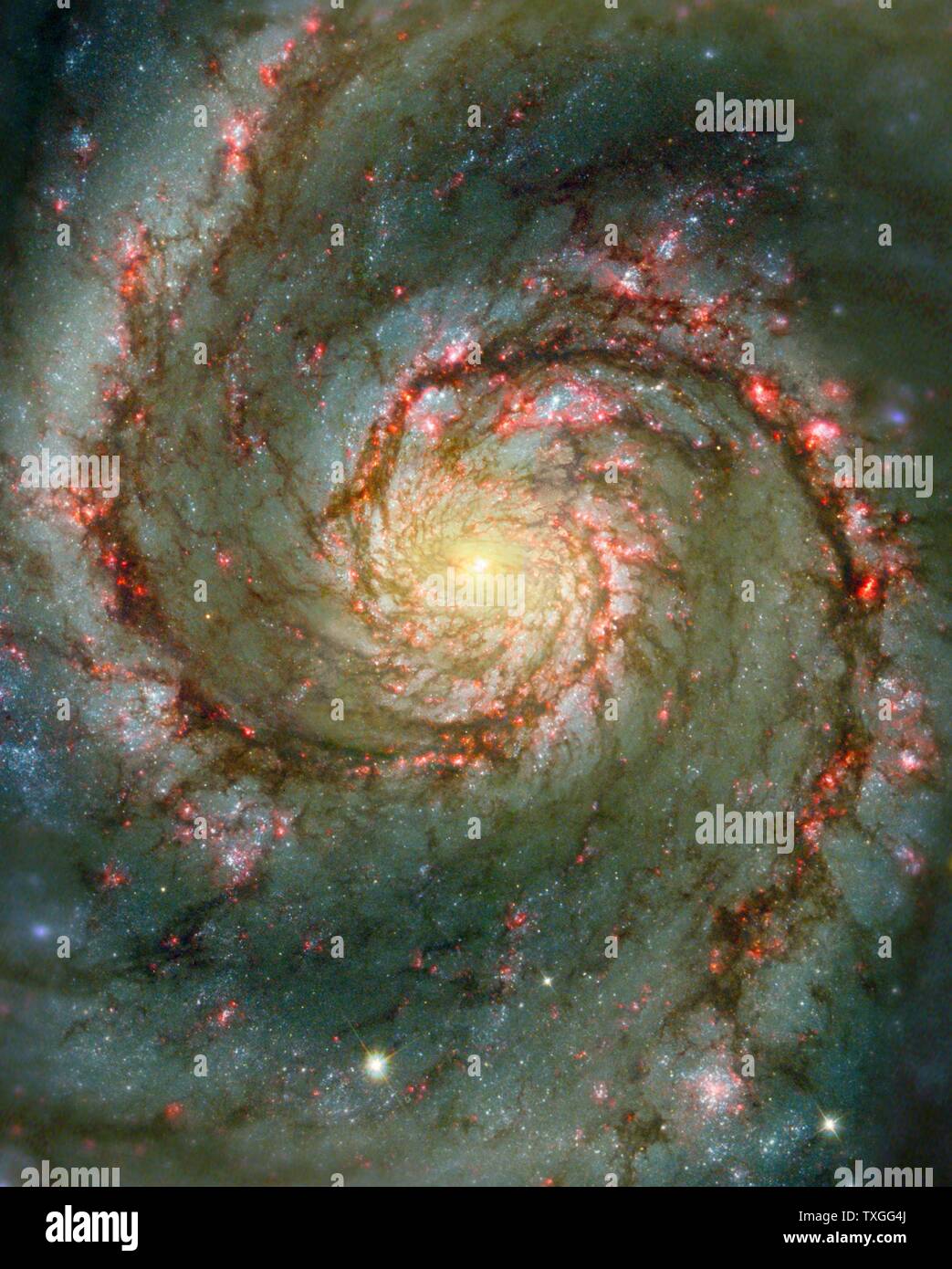 La Galaxie Whirlpool, également connu sous le nom de M51 ou NGC 5194, est d'avoir une rencontre rapprochée avec un compagnon proche galaxie, NGC 5195, juste à côté de la bordure supérieure de cette image. Banque D'Images