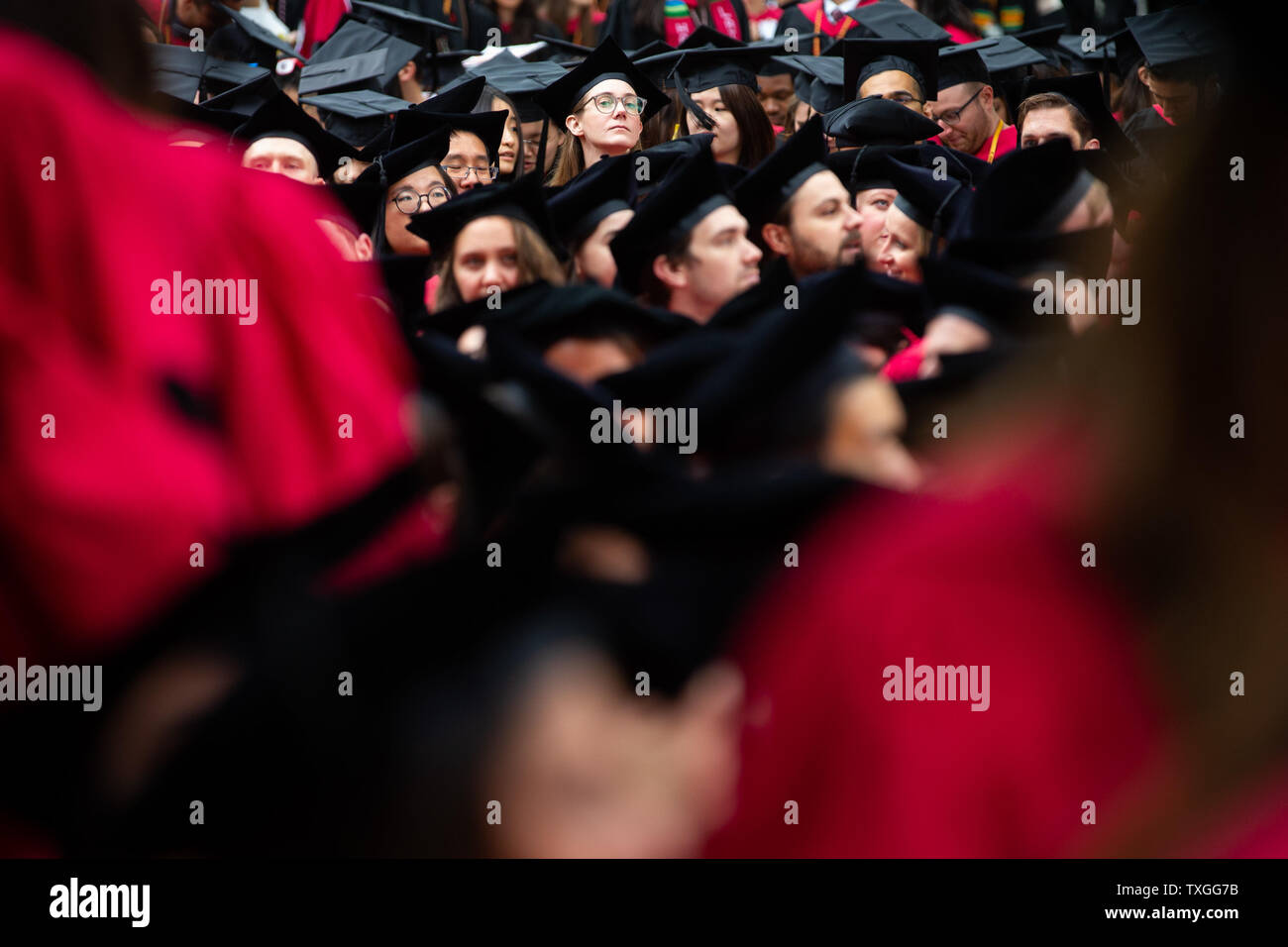 Un diplômé de l'Université Harvard donne à la foule avant le début de la 368e l'Université de Harvard l'ouverture sur le campus de l'Université de Harvard à Cambridge, Massachusetts le 30 mai 2019. Merkel reçoit un diplôme honorifique de l'Université Harvard et abordera les diplômés dans l'après-midi. Photo de Matthew Healey/ UPI Banque D'Images