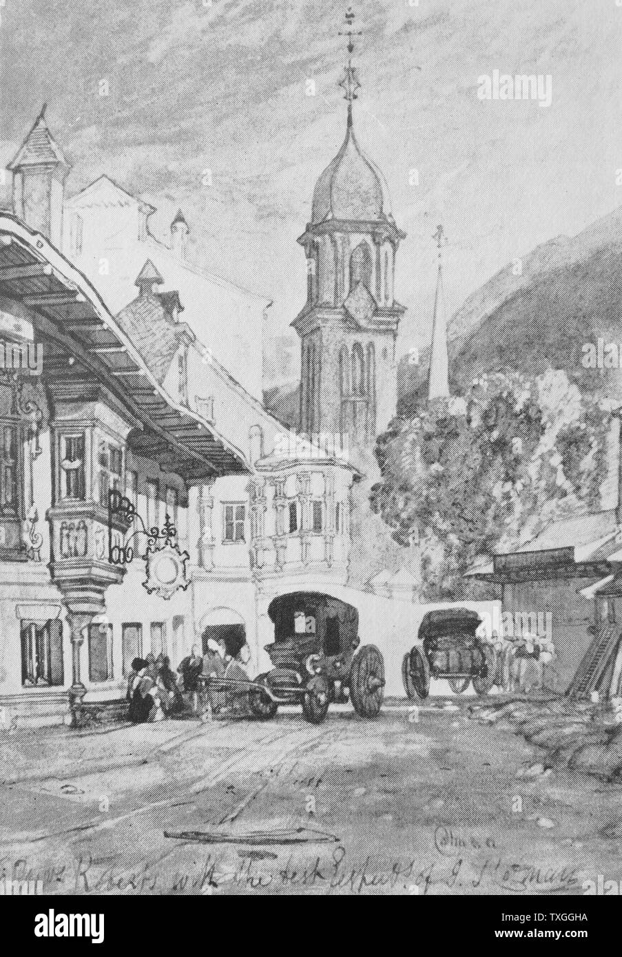 Illustration représentant une scène de rue dans le Tyrol par John Cotman Vendez (1782-1842) peintre de paysages marins et d'anglais, graveur, illustrateur et auteur, l'un des principaux membres de la Norwich School d'artistes. En date du 19e siècle Banque D'Images