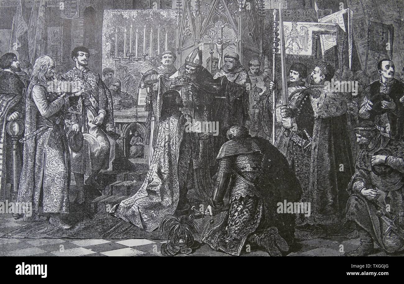 Gravure représentant le couronnement à Cracovie des Angevins le roi Louis I de Hongrie (1326-1382), roi de Hongrie et de Croatie et Roi de Pologne. En date du 14e siècle Banque D'Images