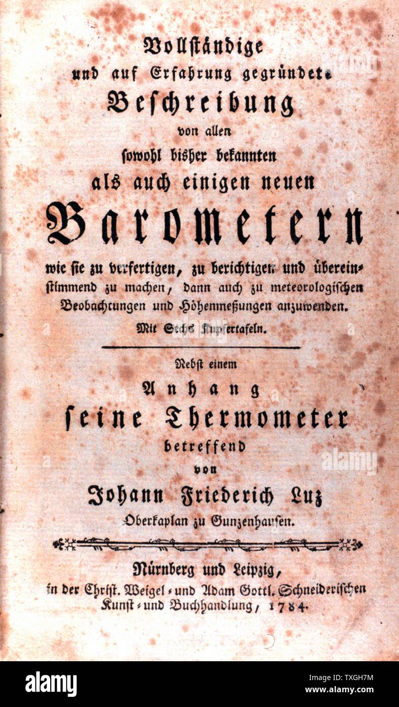 Page de titre de 'Barometern' par Johann Friedrich Luz (1744-1827). Datée 1784 Banque D'Images