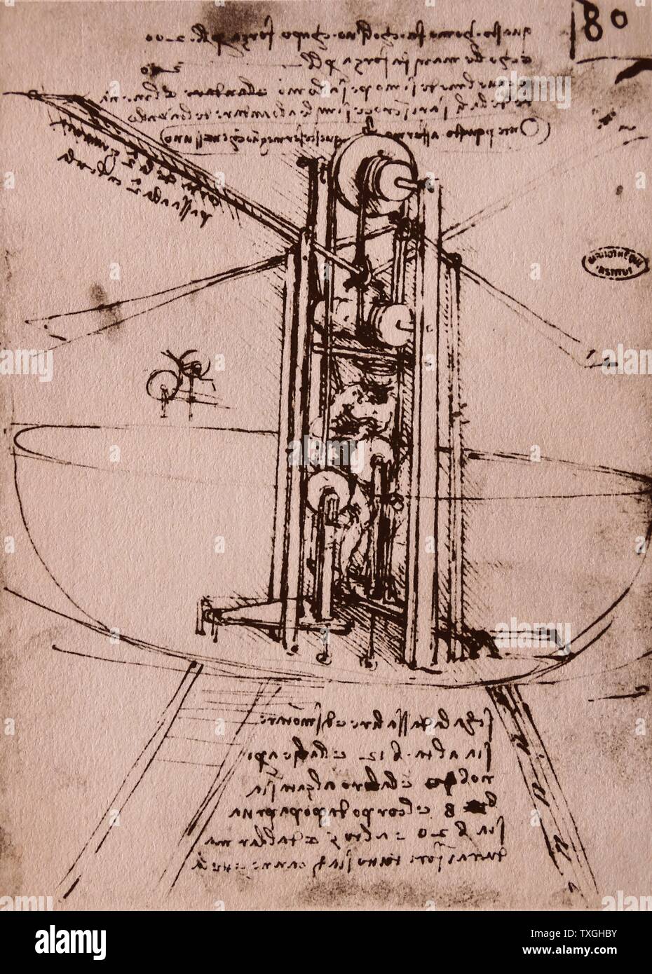 Dessinez une machine volante de Léonard de Vinci, vers 1495. Banque D'Images