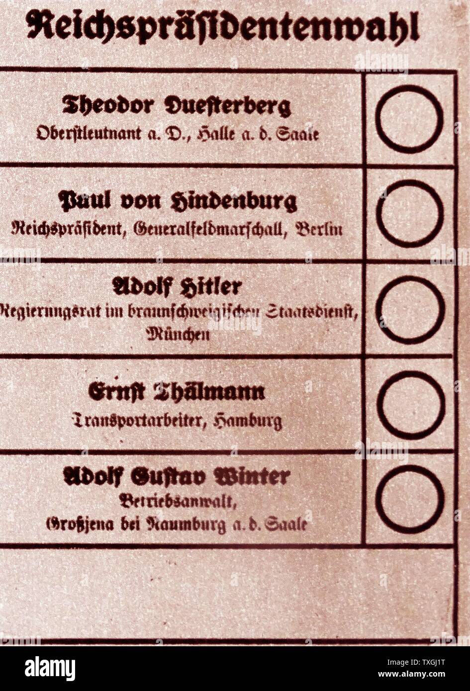 Bulletin de vote (papier) de l'élection de 1932. Affiche le nom d'Hitler et Hindenburg au poste de président Banque D'Images