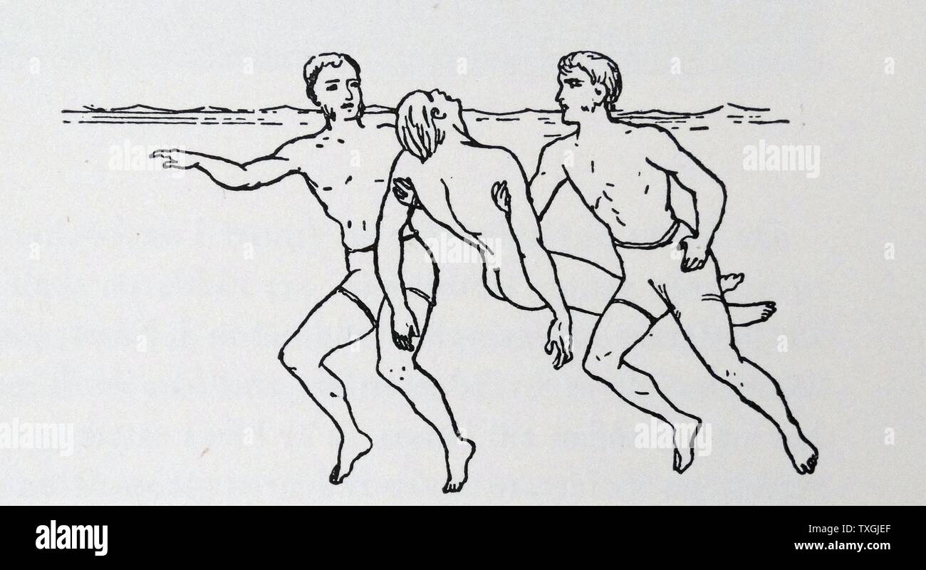 Illustration du livre "Un manuel de natation' par Cecil Colwin. L'illustration présente une meilleure méthode pour aider une victime de noyade. En date du 19e siècle Banque D'Images