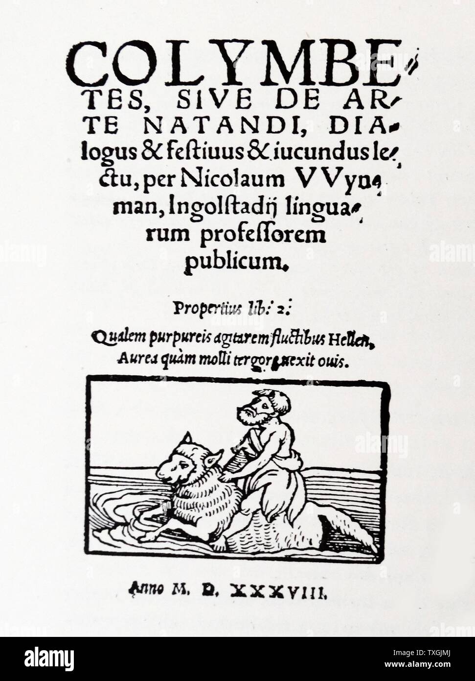 Page de titre du premier livre sur la natation. En date du 16e siècle Banque D'Images