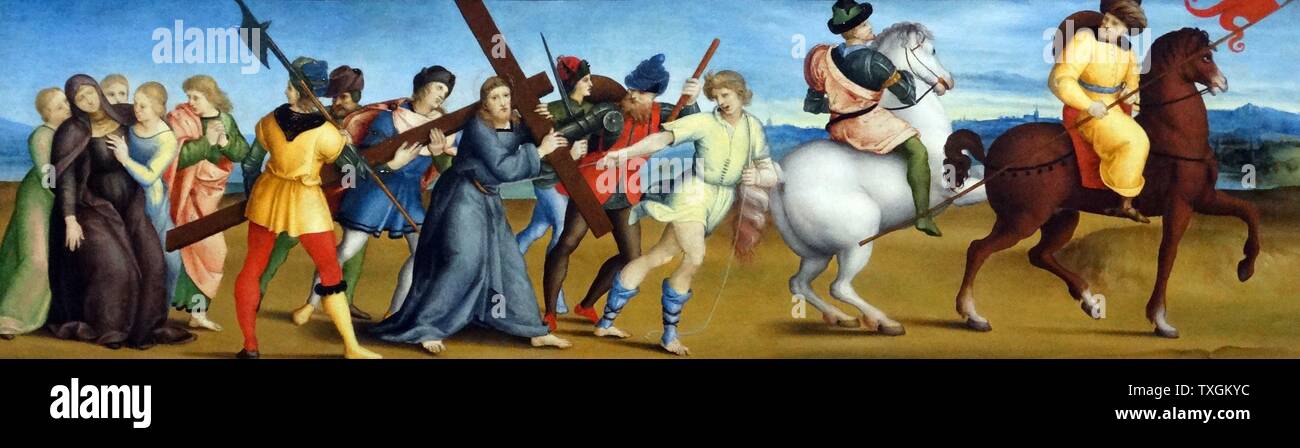 La peinture intitulée 'La Procession au Calvaire' par Raffaello Sanzio da Urbino (1483-1520) un peintre et architecte italien de la haute Renaissance. En date du 16e siècle Banque D'Images