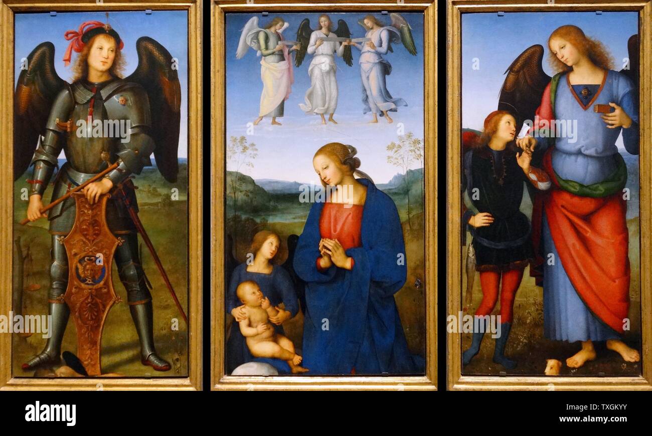 La peinture intitulée 'La Vierge et l'Enfant avec ange, l'Archange Raphaël avec Tobie et l'Archange Michael' par Pietro Perugino (1446-1523) un peintre italien de la renaissance de l'école ombrienne. En date du 16e siècle Banque D'Images