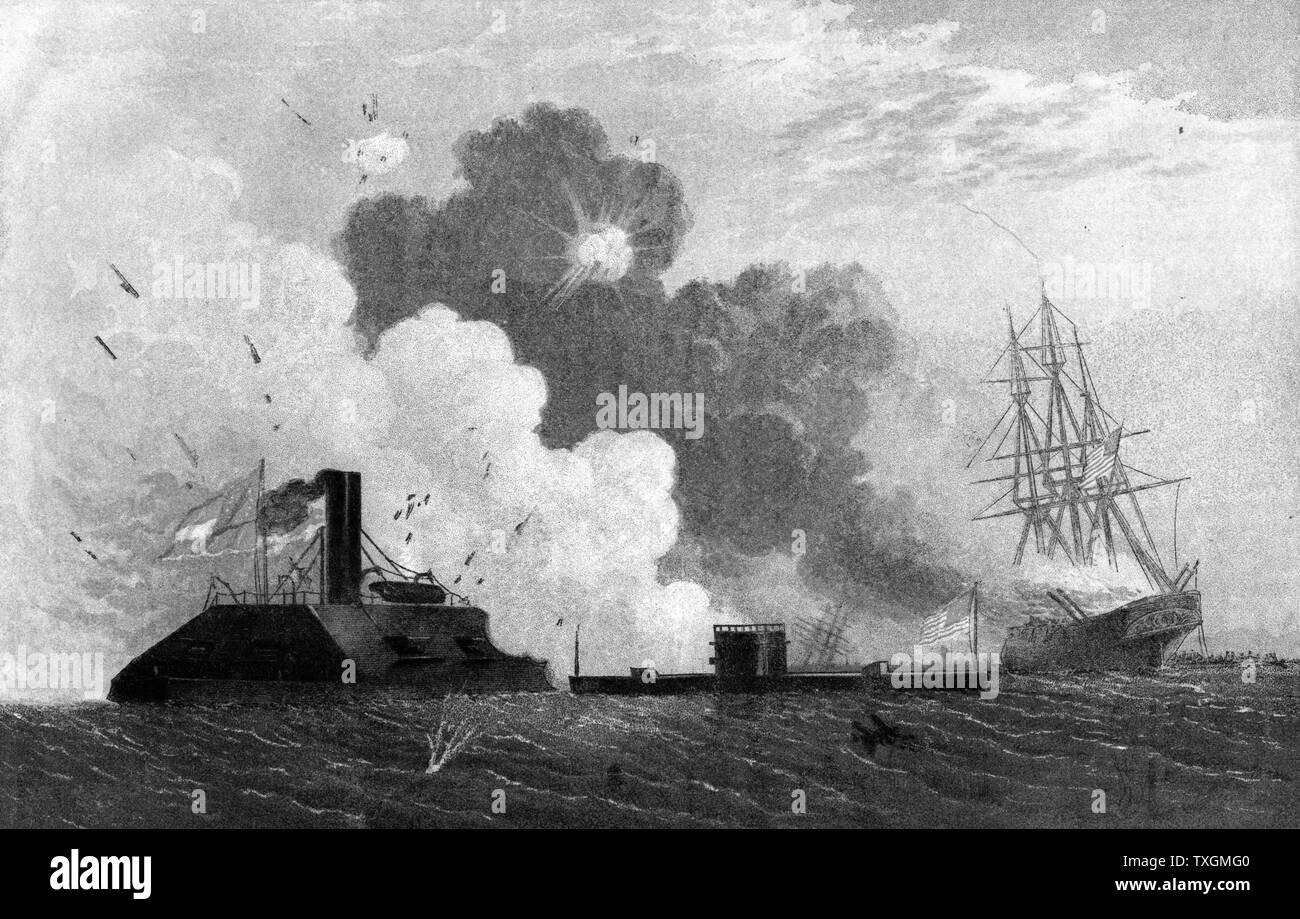 Guerre civile américaine : l'engagement entre ironclad confédéré "errimac' et 'Monitor' absolue de l'Union européenne, le 8 mars 1852. Chromolithographie publié en 1864 Banque D'Images Guerre civile américaine : l'engagement entre ironclad confédéré "errimac' et 'Monitor' absolue de l'Union européenne, le 8 mars 1852. Chromolithographie publié en 1864 Banque D'Images