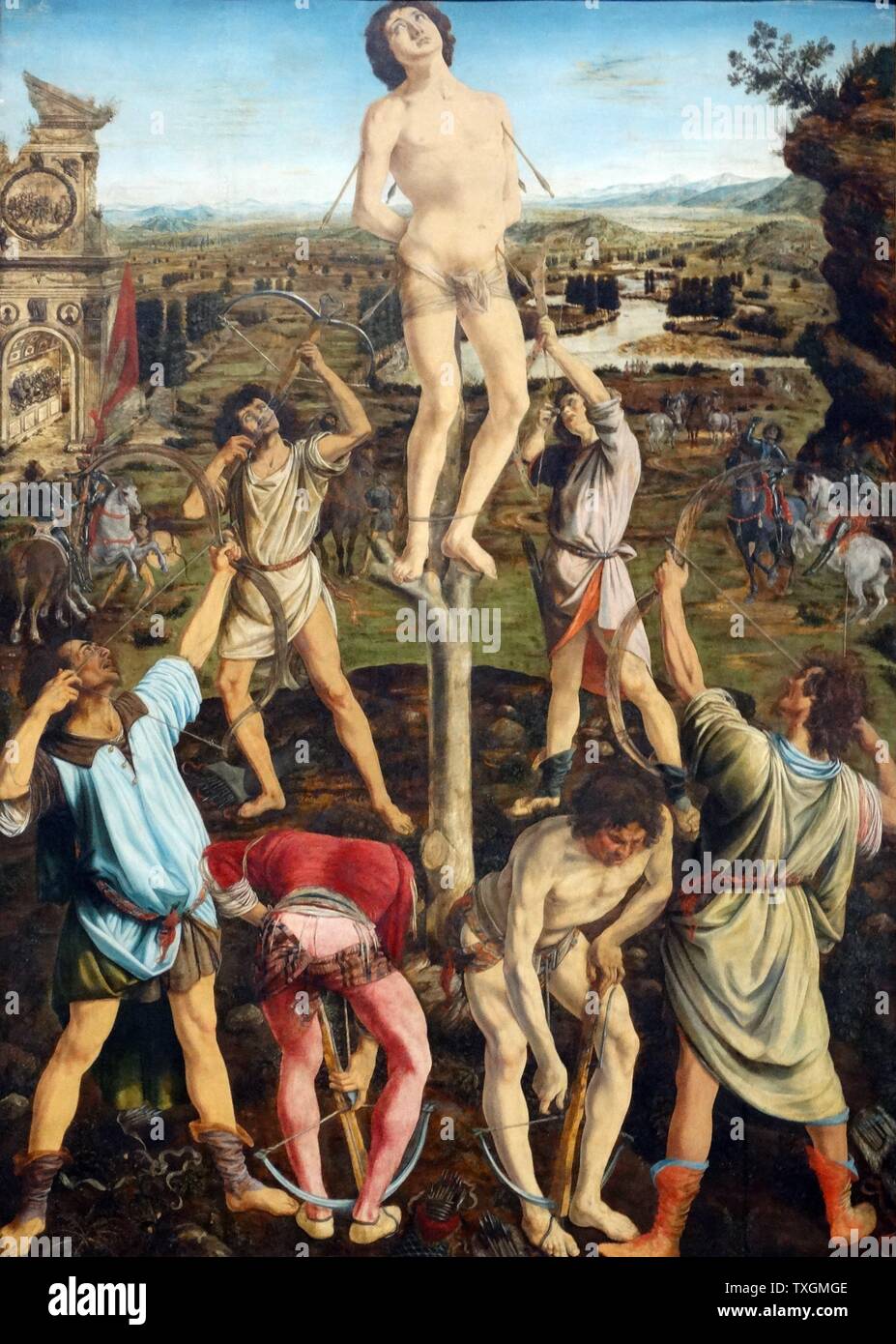 La peinture intitulée 'Le Martyre de Saint Sébastien" par Antonio del Pollaiolo (1433-1498) et Piero del Pollaiolo (1443-1496) les peintres de la Renaissance italienne. En date du 15e siècle Banque D'Images