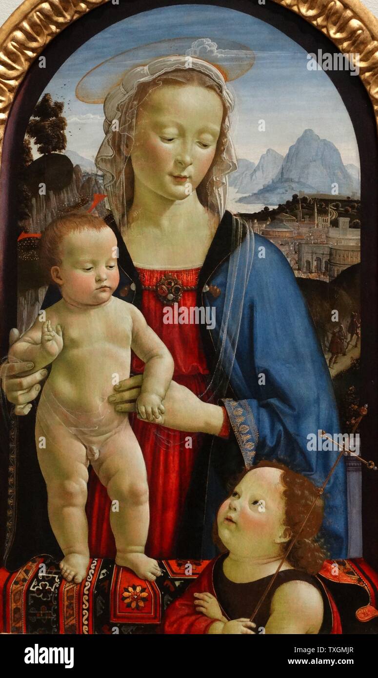 La peinture intitulée "La Vierge et l'enfant avec Saint Jean' par Davide Ghirlandaio (1452-1525) un peintre italien et mosaicist. En date du 15e siècle Banque D'Images