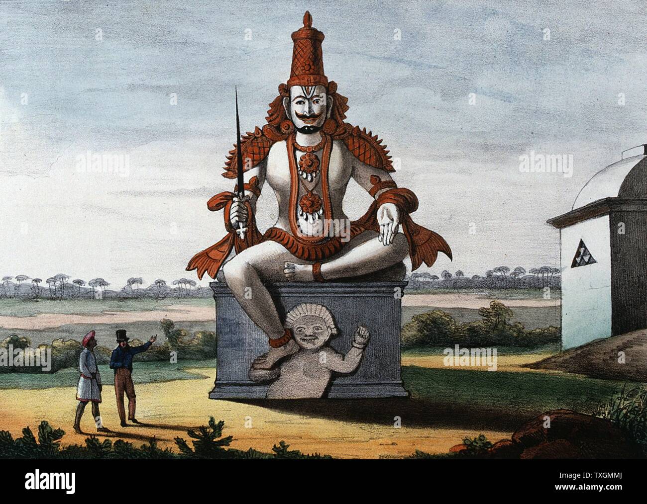 Statue d'un génie maléfique hindoue. Lithographie en couleur de 'L'Inde francaise', 1828 Banque D'Images