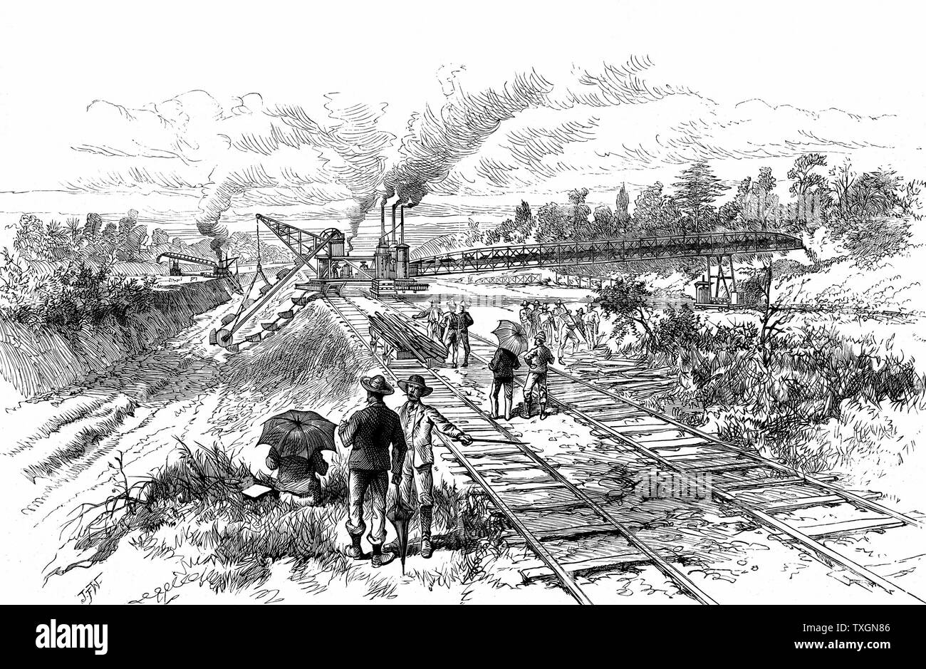 Canal de Panama : l'excavation de terre à la vapeur avec des excavateurs et des transporteurs à Tabemilla la terre au cours de la tentative de Lesseps pour creuser le canal de Panama. La gravure sur bois, 1888 Banque D'Images