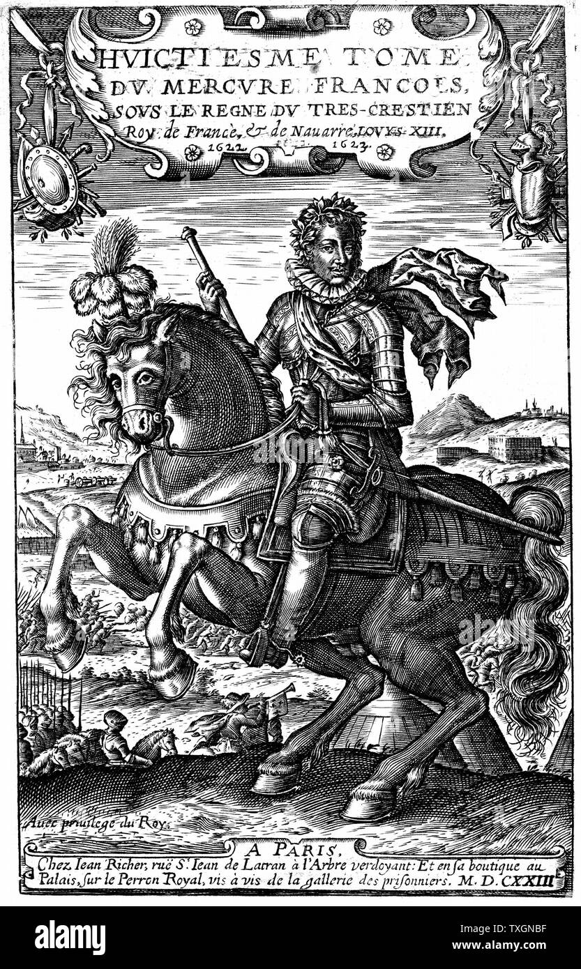 Louis XIII de France (1601-43). Il régna de 1610. Fils de Henri IV et de Marie de Médicis, le père de Louis XIV. Portrait équestre sur cuivre publié 1623 Banque D'Images