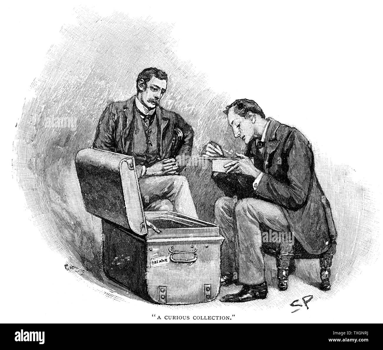 "L'aventure de l'Musgrave Ritual : Dr Watson regarder Sherlock Holmes passe par l'mememtoes de ses anciennes affaires. Illustration par Sidney E. Page, la première artiste à dessiner Sherlock Holmes, pour l'histoire publiée dans 'The Strand Magazine', Londres, 1893. Gravure Banque D'Images