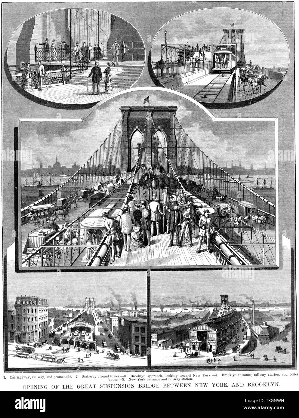 Le Pont Suspendu de Brooklyn, New York : conçu et construit par J.A. et W.A. Roebling, ouvert en 1883. La gravure sur bois à partir de 'Scientific American', New York, 14 juillet 1883 Banque D'Images
