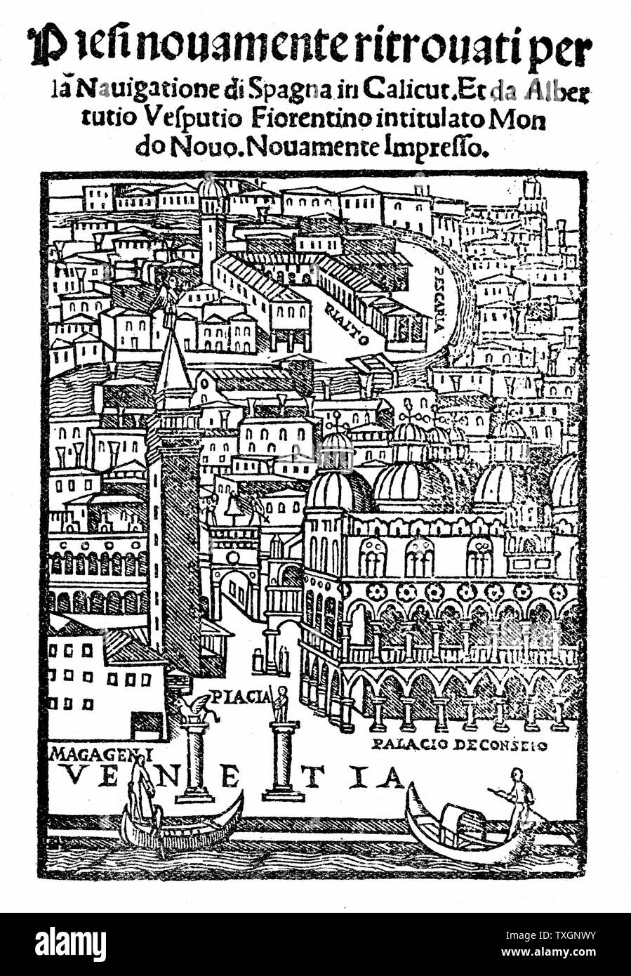 Vue de Venise à partir de la page de titre de Vespucci 'Voyages'. Paternité de l'attribuer à l'une ou l'autre Francan ou Zorzi, cette édition comprend la lettre de Vespucci ot Lorenzo de Medici donnant un compte de ses découvertes. 1521 Gravure sur bois Banque D'Images