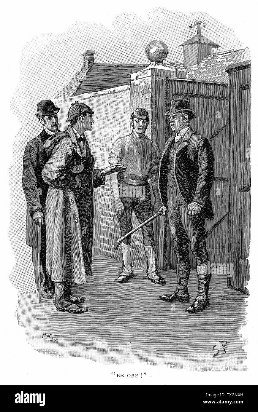 L'aventure de Silver Blaze : rencontre entre Silas Brown, l'entraîneur qui se cachait l'argent perdu cheval de Blaze, et Holmes. Arthur Conan Doyle's story publié dans 'Le Strand Magazine', Londres, 1892, illustré bySidney E. Paget, le premier artiste à dessiner Sherlock Holmes. La gravure. Banque D'Images