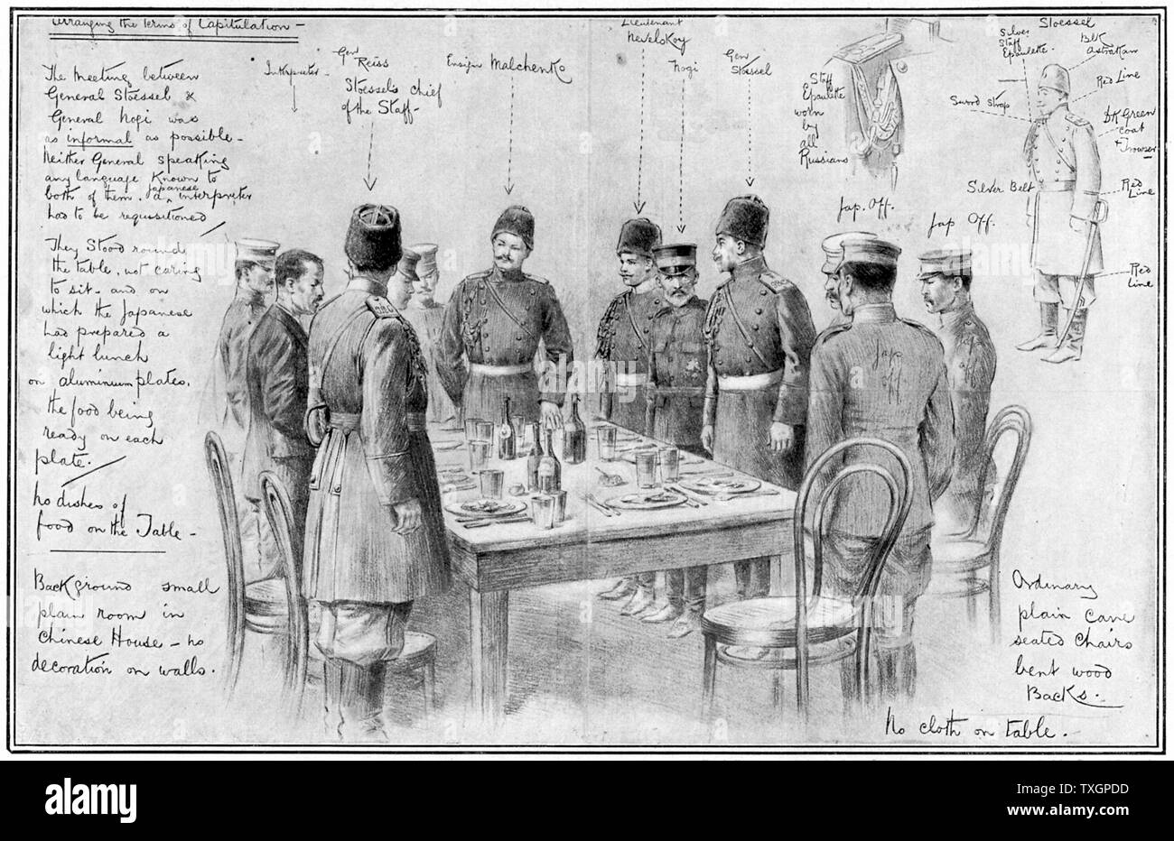 Guerre russo-japonaise 1904-1905 : Generals Stoessel (Russe) et japonais (Malvaceae) réunion pour organiser les conditions de la capitulation de Port Arthur par les Russes. Janvier 1905 Banque D'Images