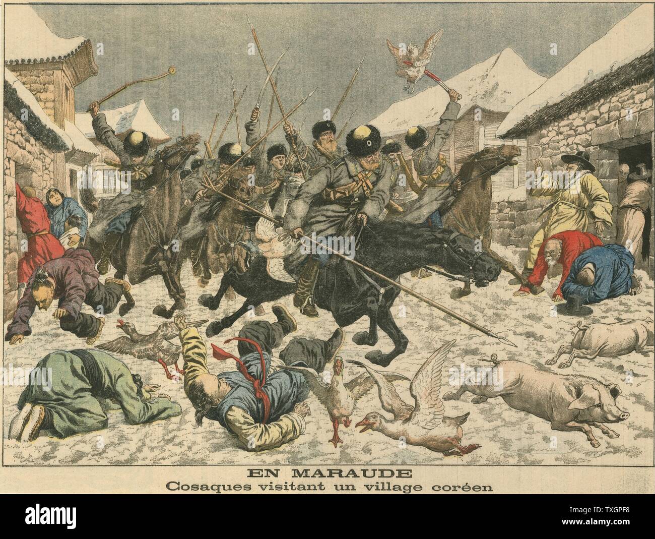 Guerre russo-japonaise 1904-1905, Fédération de Cossaks rôdent à travers un village coréen. 27 mars 1904 à partir de 'Le Petit Journal' Paris Banque D'Images Guerre russo-japonaise 1904-1905, Fédération de Cossaks rôdent à travers un village coréen. 27 mars 1904 à partir de 'Le Petit Journal' Paris Banque D'Images