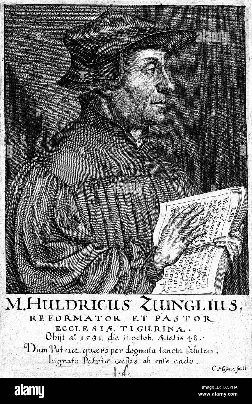 Ulrich Zwingli (1481-1531) réforme suisse divin. À l'aumônerie des Forces canadiennes durant la Deuxième Guerre mondiale suisse de Kappel lorsqu'il a été tué au combat. La gravure sur cuivre par Konrad Meyer (1618-89) à partir de la série de 90 portraits de compatriotes de Zurich Banque D'Images