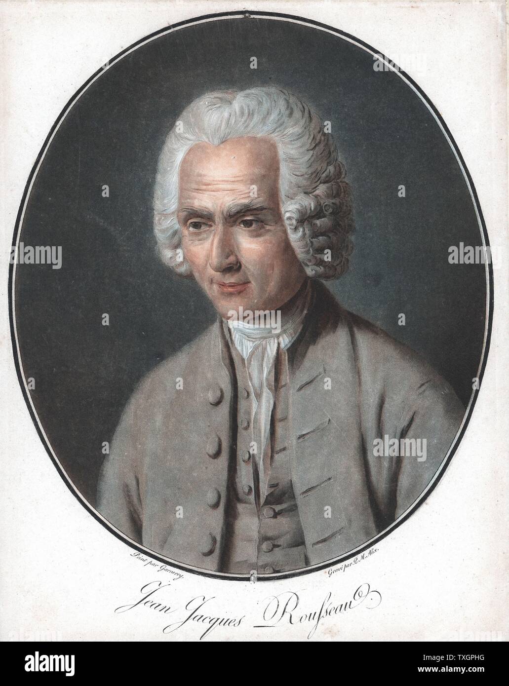 Jean-Jacques Rousseau (1712-78), philosophe politique français, éducateur et auteur. Après l'aquatinte par Garneray portrait de Pierre Michel Alix (1752-1817) série de portraits d'hommes éminents. Color Banque D'Images