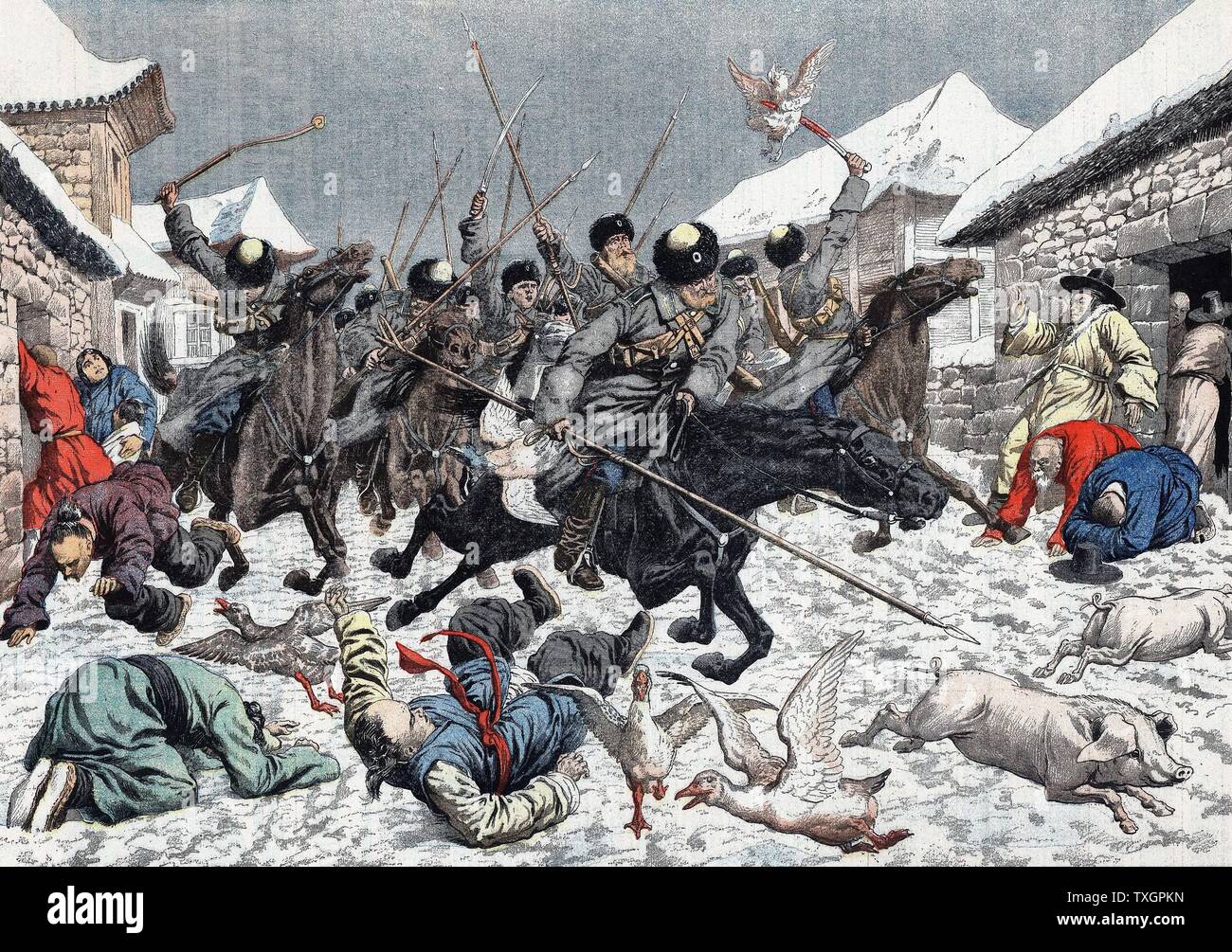 Guerre russo-japonaise, 1904-1905 Les Cosaques en maraude dans un village coréen terrifiant la population locale 27 mars 1904, à partir de 'Le Petit Journal' Paris Banque D'Images