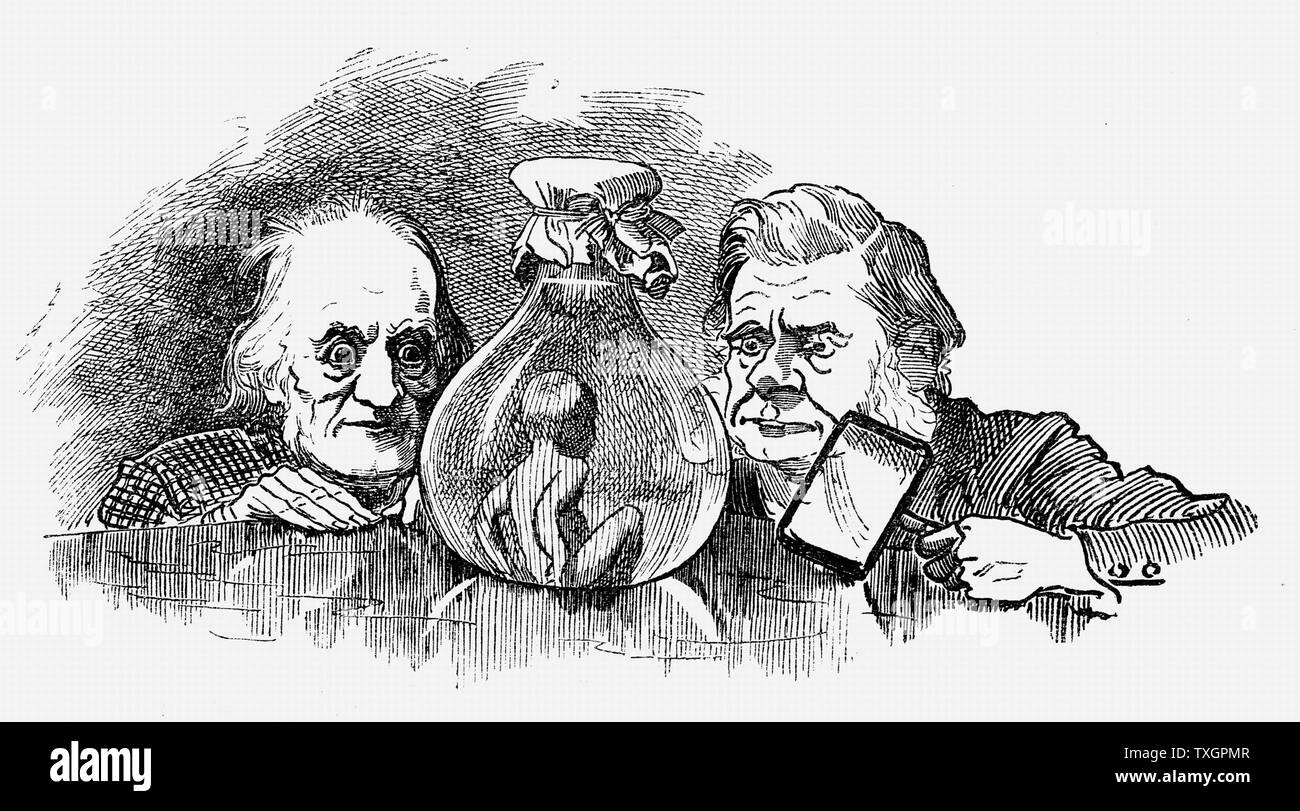 Tom, run-away ramoneur's boy, qui tombe dans la rivière et l'eau devient un bébé, en cours d'examen par Richard Owen (à gauche) et T.H. Huxley. Owen adversaire du darwinisme, Huxley son grand champion. Illustration par Linley Sambourne pour Charles Kingsley 'l'eau des bébés, Londres, 1885. Livre d'abord publié 1863 Banque D'Images
