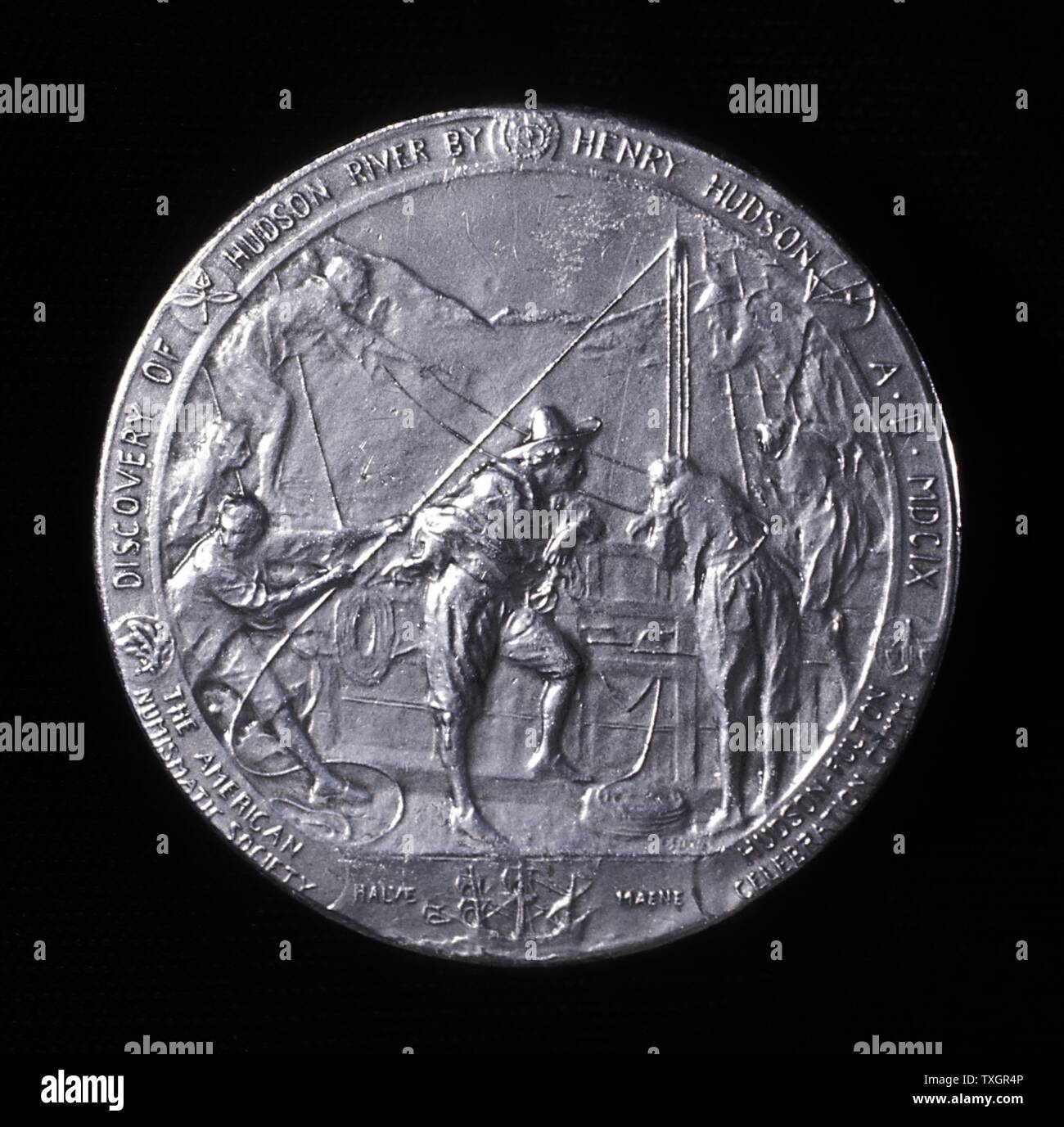 Henry Hudson (c1550-1611) navigateur anglais. Lui montrant la médaille de l'ordre croissant la rivière Hudson à Albany 1609 Banque D'Images