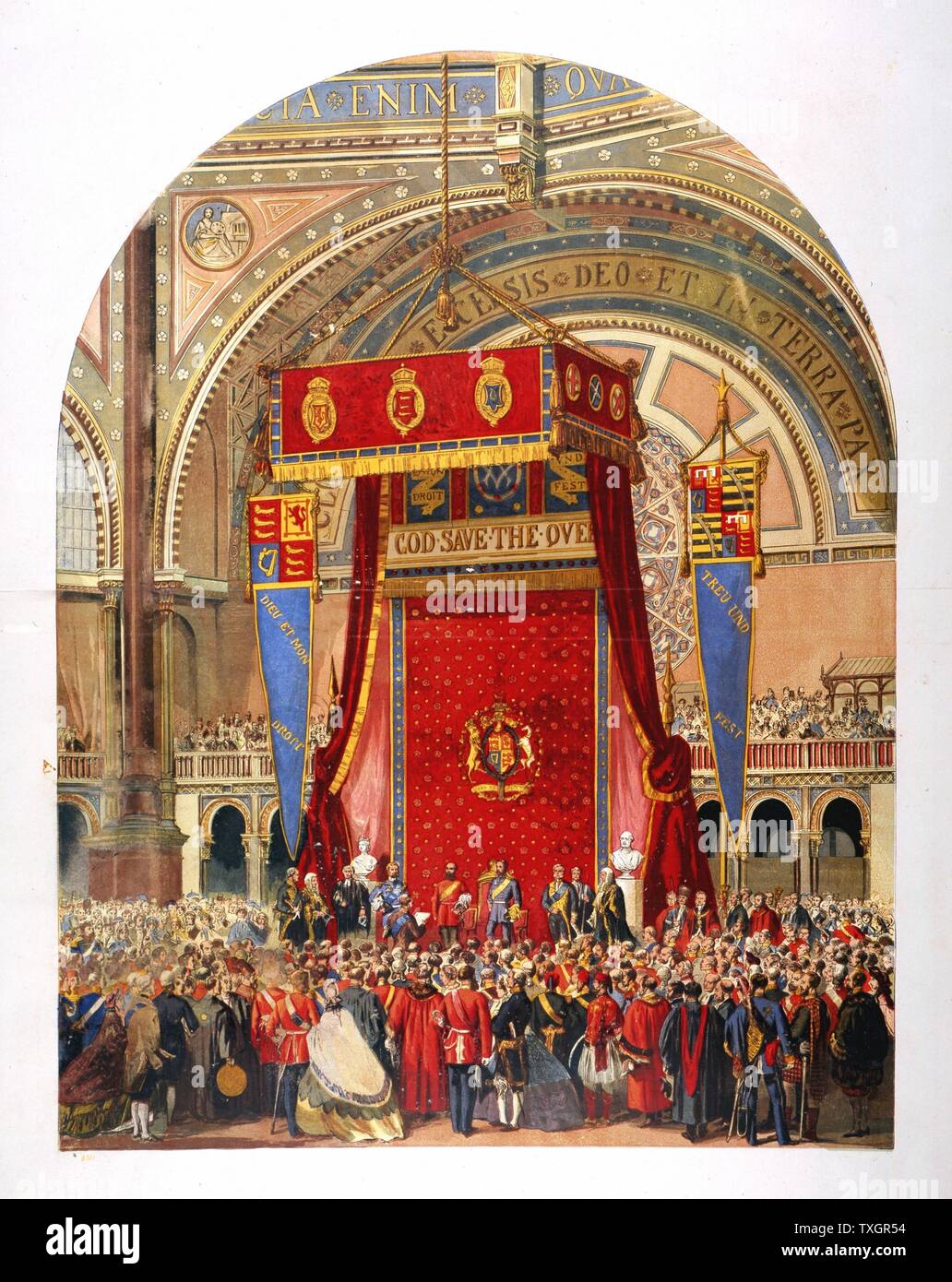 Ouverture de l'Exposition internationale de 1862 dans le Palais de Cristal par le cousin de la reine Victoria, George, duc de Cambridge Londres 1862 Chromolithographie Banque D'Images