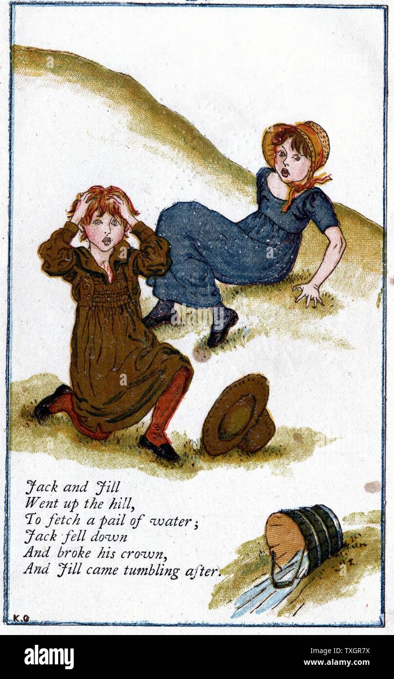 Jack et Jill dans la montagne Illustration par Kate Greenaway (1846-1901) pour un livre de comptines chromolithographie Banque D'Images