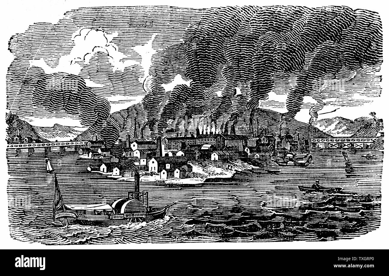 Vue générale de Pittsburgh, Pennsylvanie, montrant la fumée qui des cheminées des nombreuses fonderies et laminoirs 1833 Gravure sur bois à partir de 'Scènes de la richesse et de l'industrie américaine' Boston Banque D'Images