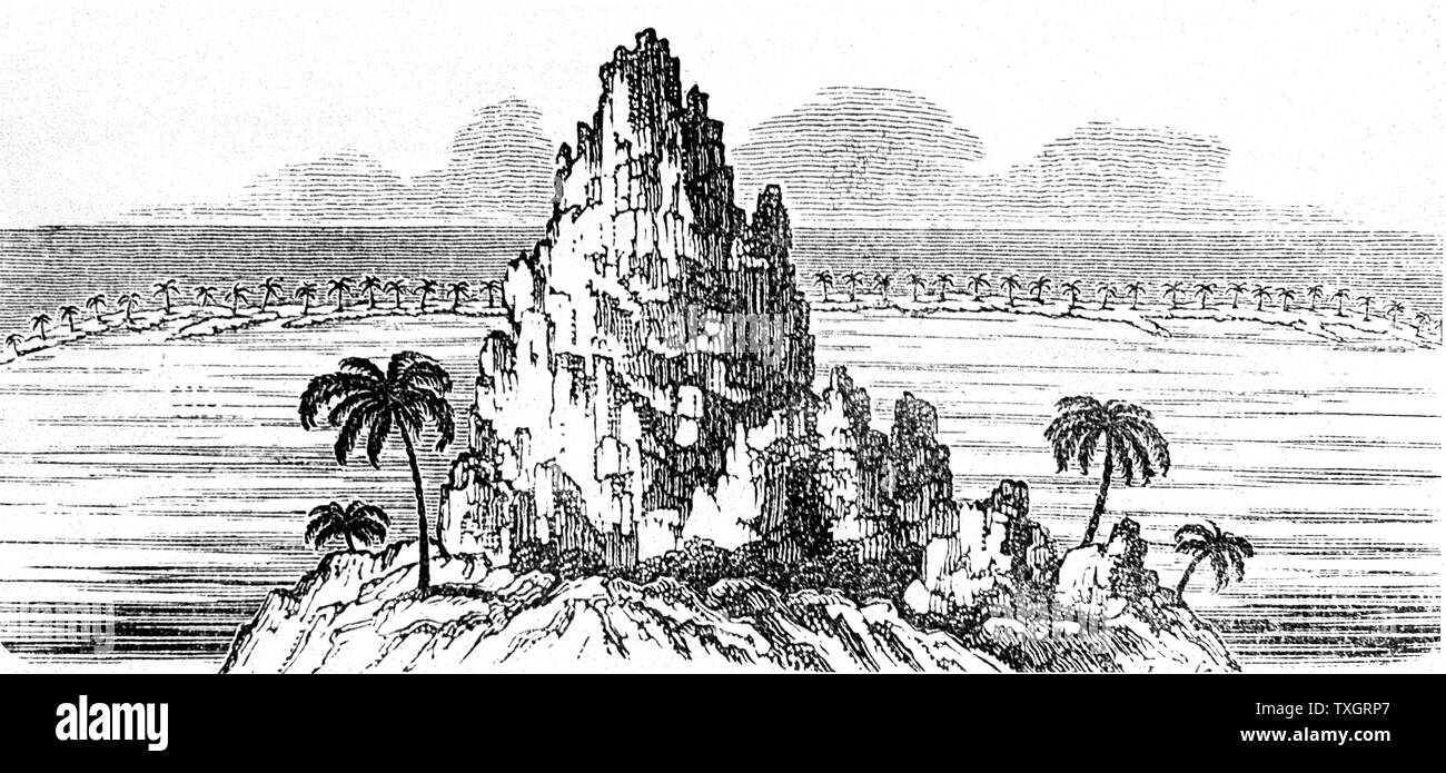 L'île de corail et des récifs coralliens entourant la création d'une lagune de Charles Darwin "La structure et la distribution des récifs coralliens". La réalisation de la longue période de temps inhérentes à la création d'îles et récifs a contribué à la théorie de l'évolution de Darwin 1842 Gravure sur bois, Londres Banque D'Images