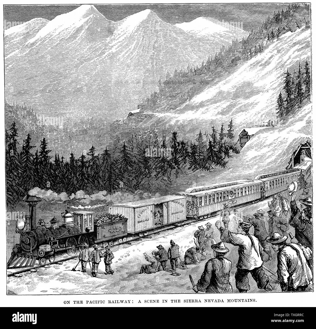 Central Pacific Railroad dans les montagnes de la Sierra Nevada. Encouragée par les trains les travailleurs du chemin de fer, y compris les travailleurs chinois. c.1875 la gravure sur bois Banque D'Images