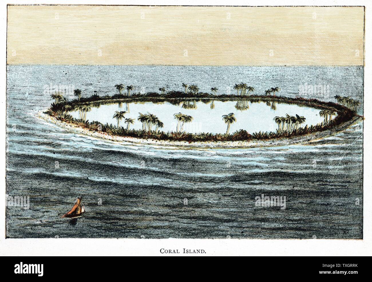 Barrière de corail entourant un lagon lente accumulation de substance de générations des coraux est un phénomène que Darwin utilisé à l'appui ils théorie de l'une longue échelle de temps géologique 1892 Chromolithographie du populaire livre de géologie Banque D'Images