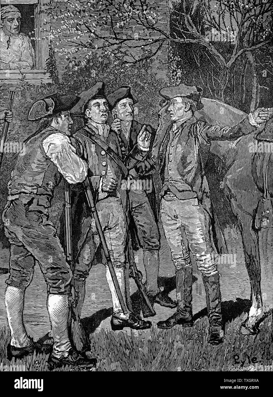 Paul Revere (1735-1818), orfèvre et patriote américain arrivant à Lexington de Boston avec la nouvelle que les Anglais étaient sur le Pitcairn sous propose : 18 avril 1775. Gravure 1886 Banque D'Images