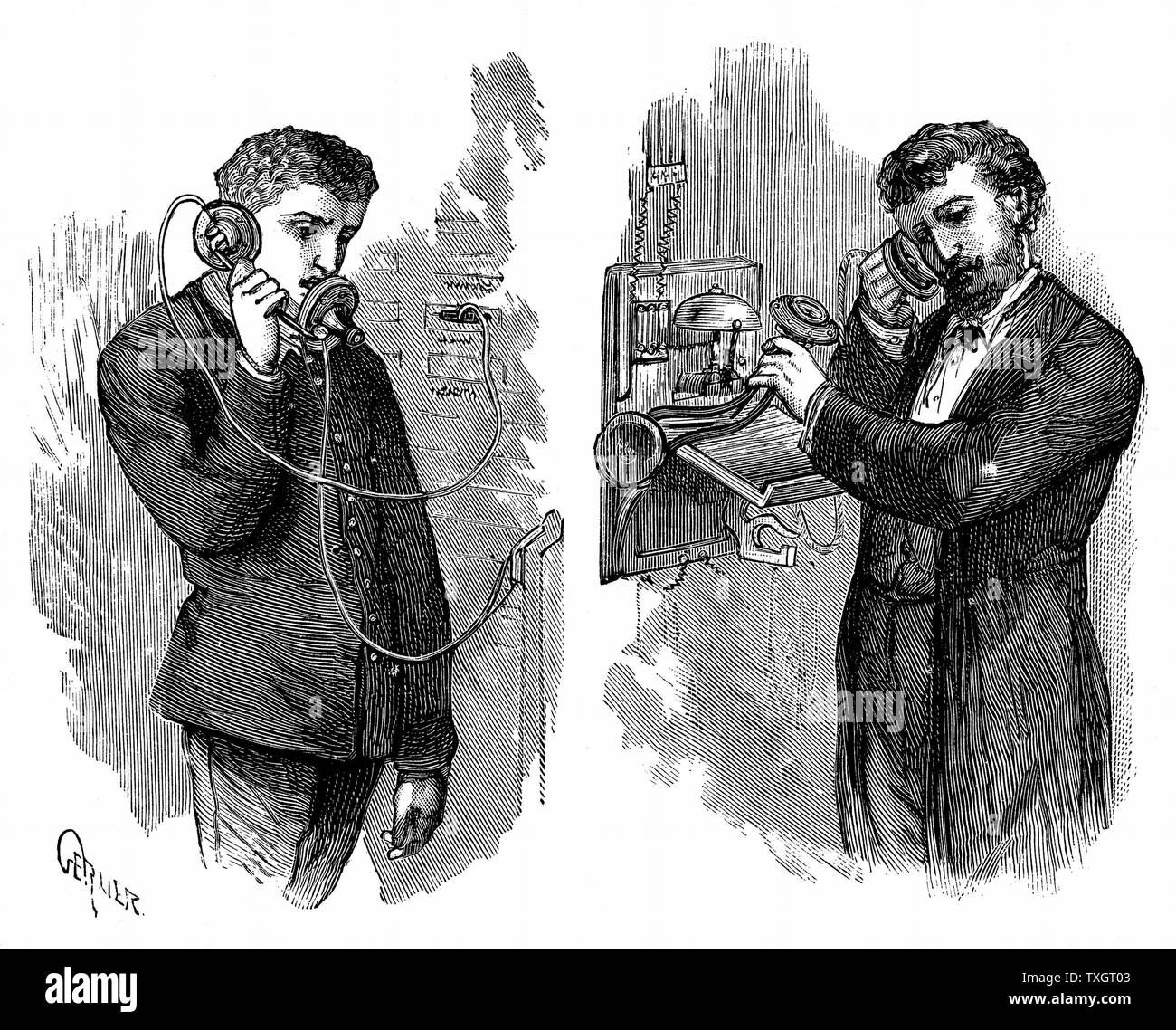 New York téléphone souscripteur appel par l'intermédiaire de l'opérateur au central téléphonique. Dans l'appareil photo utilisé un émetteur d'Edison et d'un 'pony-couronne' récepteur (qui aura lieu à l'oreille de l'abonné sur la droite) la gravure sur bois, Paris 1883 Banque D'Images