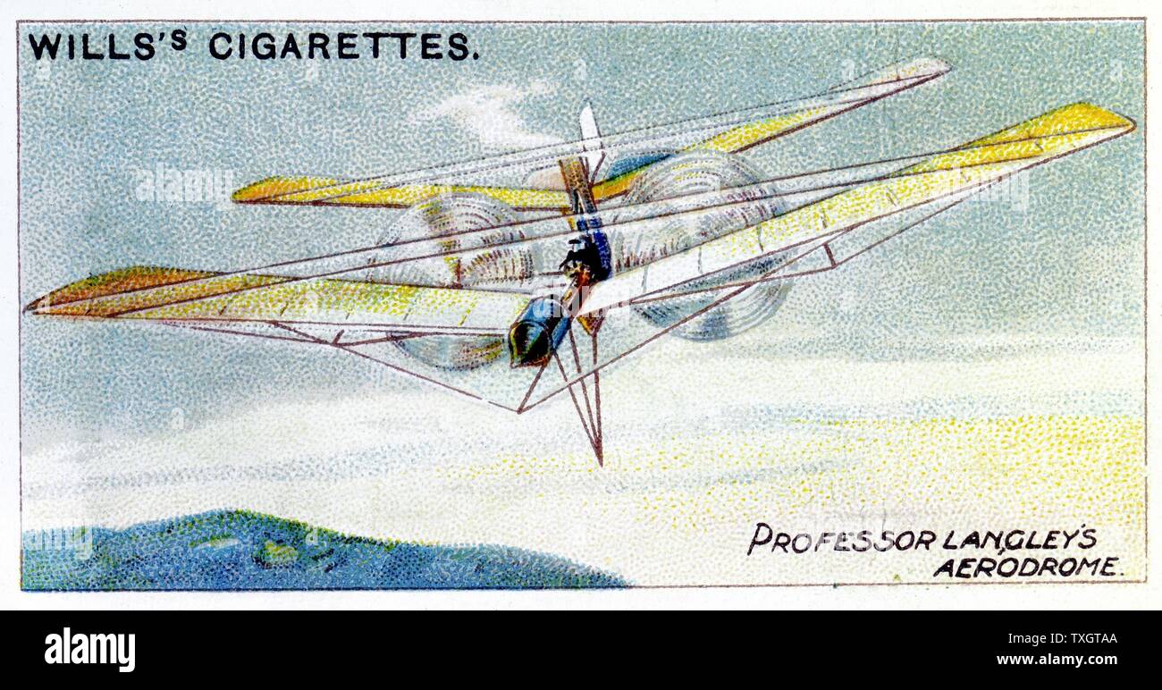 Samuel Pierpont Langley (1834-1906) astronome américain et pionnier de l'aéronautique. Langley, modèle à vapeur avion aérodrome. L'aérodrome en 1896 a volé 5 3/4 mile. 1910 à partir de la série de cartes sur l'aviation publié chromolithographie Banque D'Images