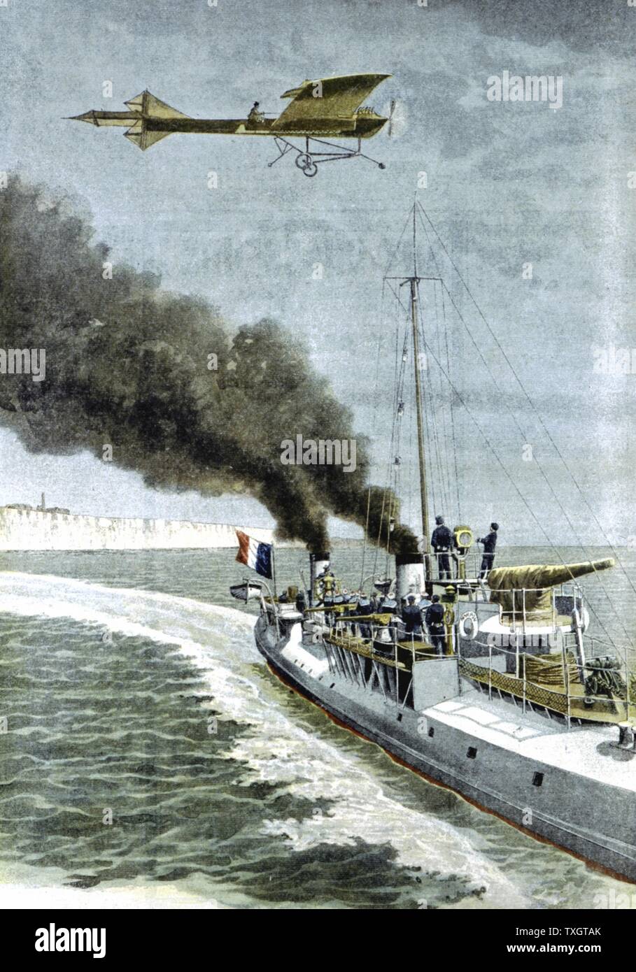 Hubert Latham (1883-1912), français, aviatior quitter Sangatte dans un 'monoplan Antoinette' à tenter de traverser la Manche le 19 juillet 1909. Moteur n'a pas à mi-chemin et Latham sauvé de l'eau par le français lance-torpilles. 1er août 1909 de 'Le Petit Journal' Paris Banque D'Images