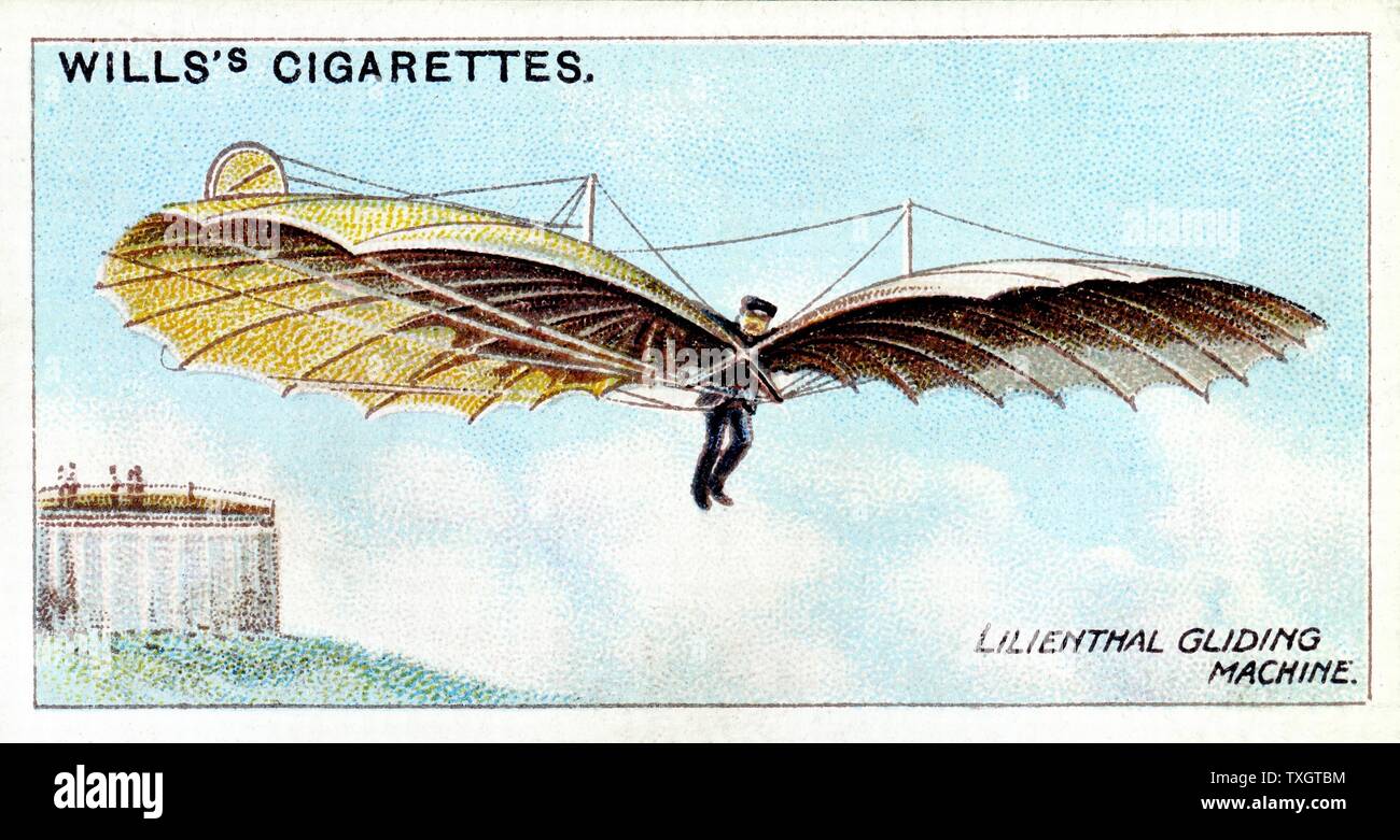 Otto Lilienthal (1848-1896) Pionnier de l'aéronautique allemande deltaplane et inventeur, battant l'un de ses planeurs. Il a fait environ 2 000 vols avant d'être tué. 1910. Chromolithographie, à partir de la série de cartes sur l'aviation Banque D'Images