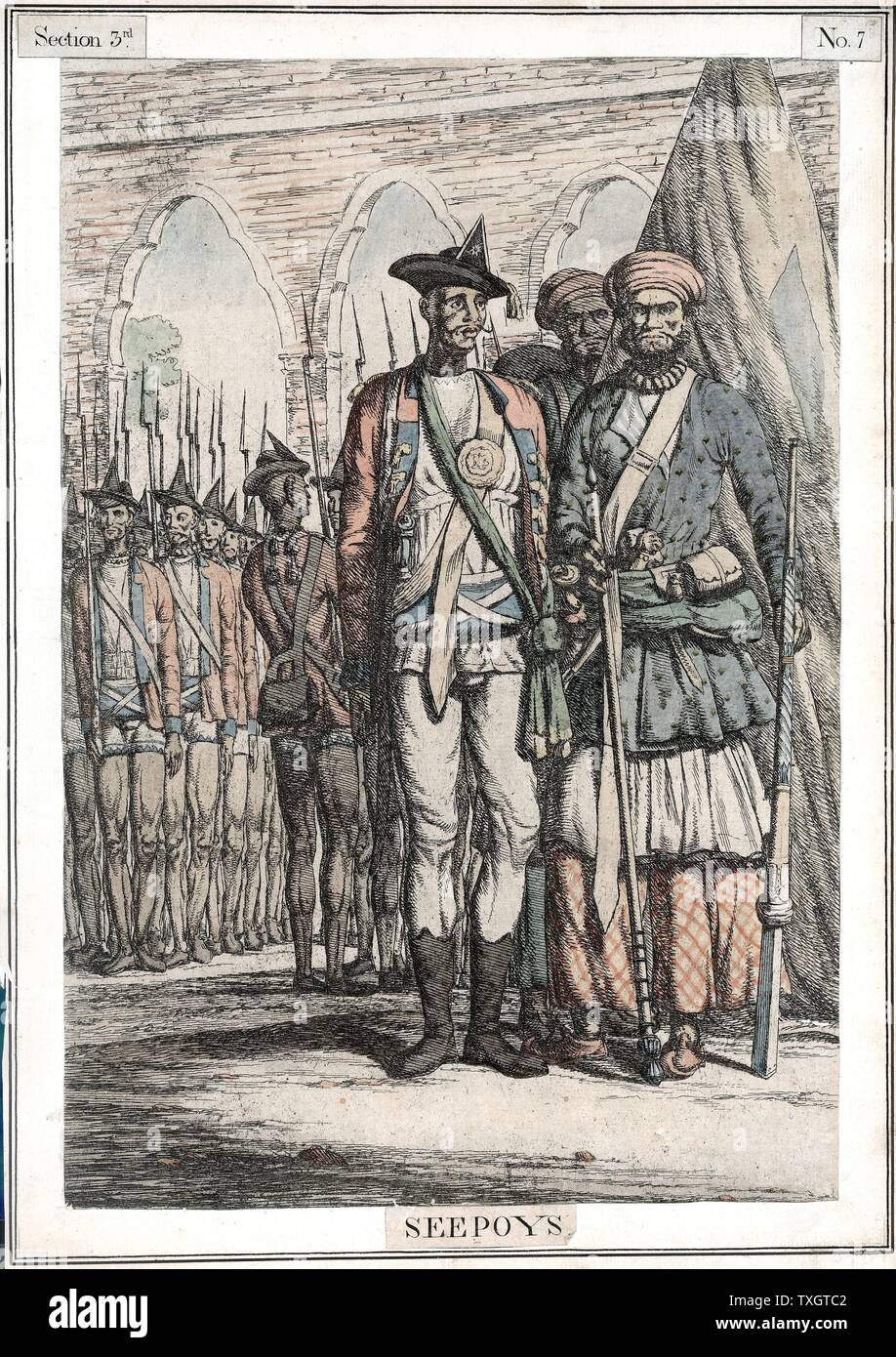 Seypoys, troupes indigènes employés par East India Company. C'était le Sepoys qui a commencé l'Indien (Sepoy) mutinerie 1857-1859 qui a entraîné le transfert de gouvernement de l'entreprise à la Couronne britannique. 19ème siècle gravure coloriée au Banque D'Images