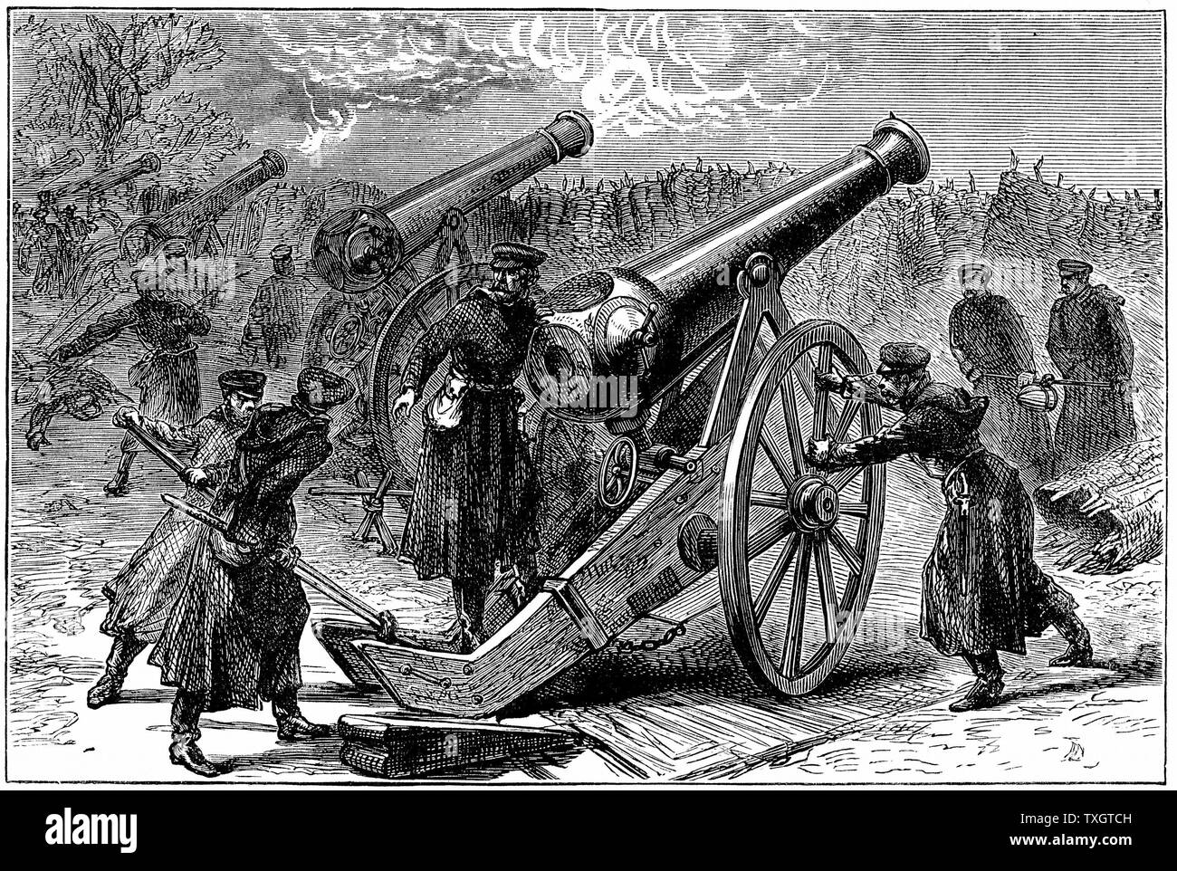 Guerre franco-prussienne de 1870-1871 : canons prussiens formés sur ville assiégée de Paris, janvier 1871 gravure sur bois c1880 Banque D'Images