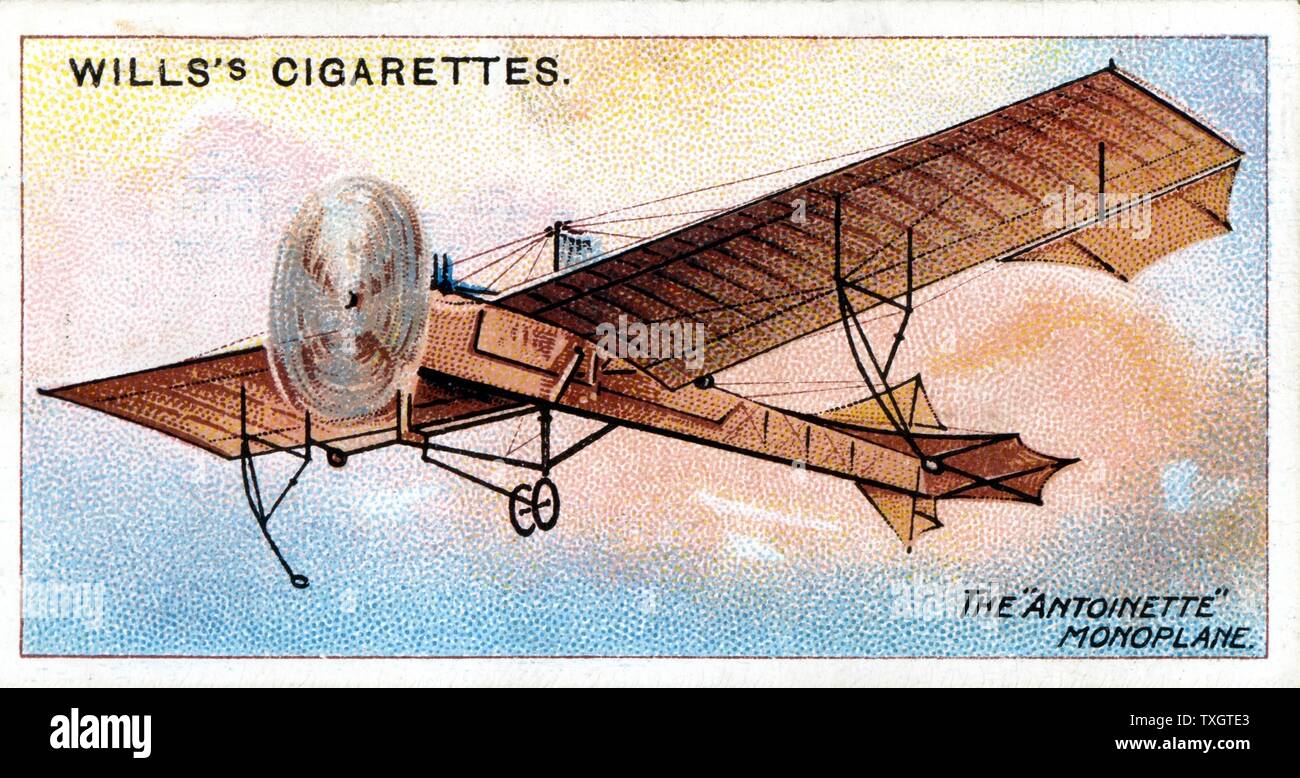 Le 'monoplan Antoinette' de Hubert Latham (1883-1912) aviateur français c.1910. Chromolithographie à partir de la série de cartes sur l'aviation Banque D'Images
