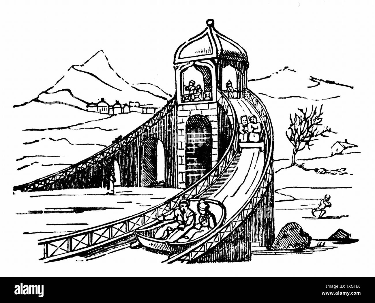 Les Russes bénéficiant d'une tour sur une montagne de glace, la luge artificielles qui ont été construites au cours de l'hiver pour divertissements publics dans des villes comme St Petersbourg et Moscou. Gravure sur bois, 1836 Banque D'Images