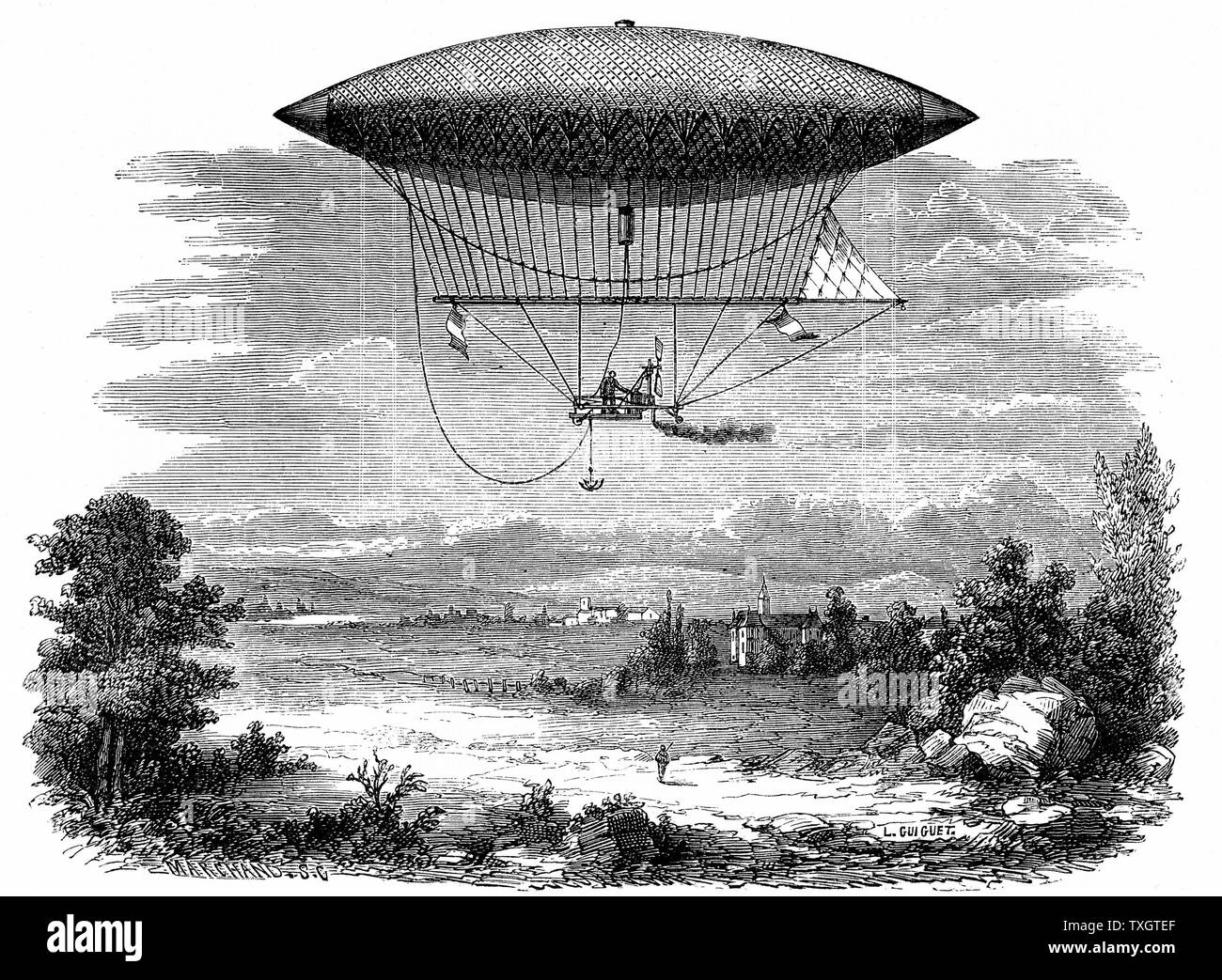 Henri Giffard (1825-1882) vapeur powered (orientable) Dirigeable airship durant l'ascension du 25 septembre 1852 ; en forme de cigare de gasbag Louis FIGUIER 'Les merveilles de la Science c1870 Paris Gravure Banque D'Images