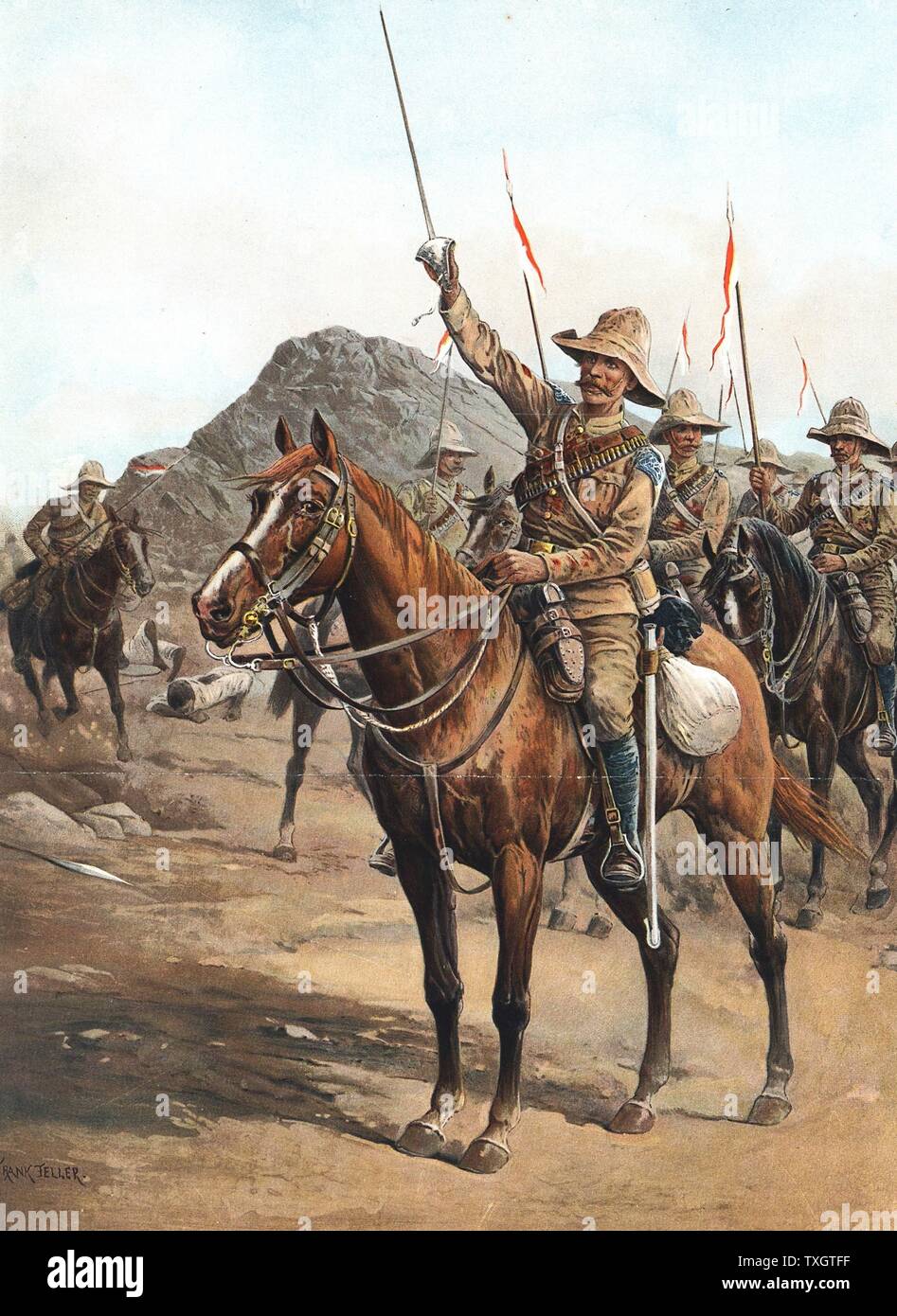 En forme, n° 2 ! Former !" cri de ralliement du sergent-major Veysey après charge de 21 lancers à Omdurman, le 2 septembre 1898. Les Britanniques ont à Kitchener défait 'Abd Allah (al-Kalifah). Soudan Chromolithographie Banque D'Images