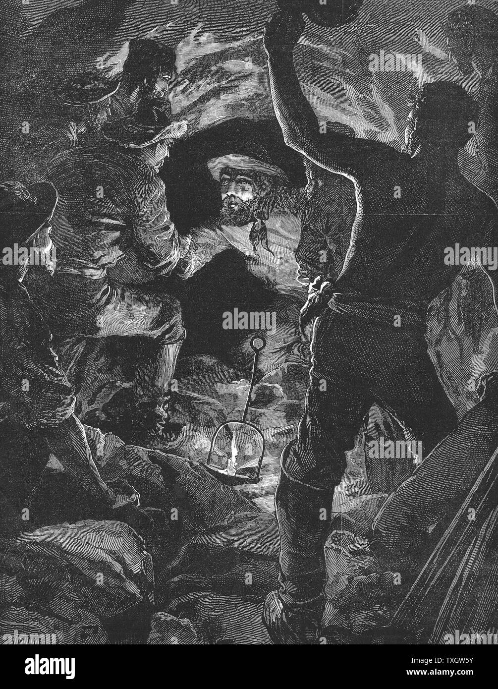 Tunnel ferroviaire du St Gothard : les ouvriers de nationalités suisse et italienne et d'autre du tunnel, le dimanche matin, 27 février 1880. Mars 1880 la gravure sur bois de Londres Banque D'Images