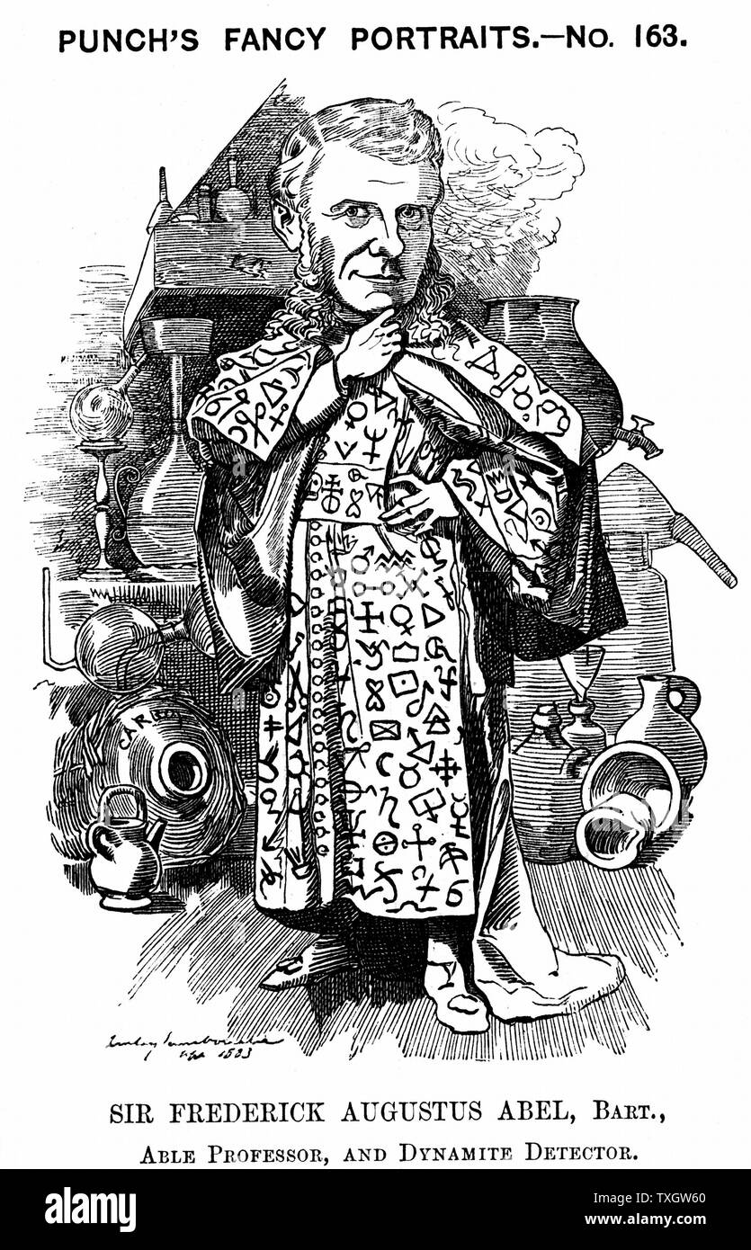 Frederick Augustus Abel (1827-1902). Chimiste et inventeur anglais. Explosifs : (avec James Dewar) inventé cordite : Nouvelle méthode de fabrication de fulmi-coton 24 novembre 1883 par Edward Linley Sambourne Caricature montrant Abel à 50 dans son "des séries de portraits de fantaisie de 'Punch' London Banque D'Images