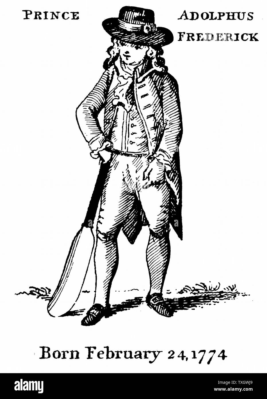 Adolphus Frederick, duc de Cambridge (1774-1850) prince anglais, septième fils de George III à partir de la fin du 18e siècle montrant l'impression comme un jeune homme avec une batte de cricket Banque D'Images