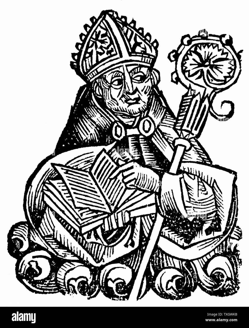 Albertus Magnus (c1200-1280) frère dominicain italien appelé 'Ddocteur universalis'. L'évêque de Ratisbonne, 1260, tenant un livre ouvert. Mêlé la théologie et l'aristotélisme. 1493 Gravure sur bois de Hartmann Schedel 'Liber Chronicarum mundi' (Chronique de Nuremberg) Banque D'Images
